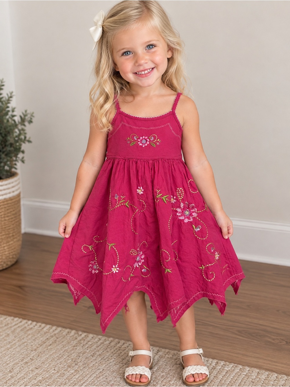 Blueberi Boulevard Hot Pink Embroidered Handkerchief-Hem Dress